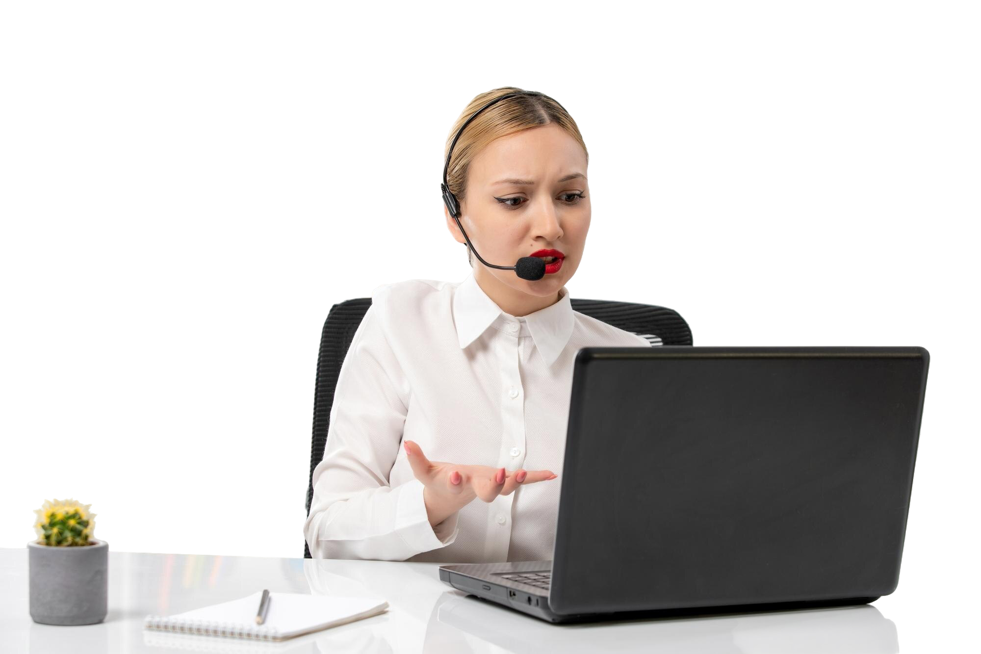 customer service pretty blonde girl white shirt with laptop headset annoyed videocall